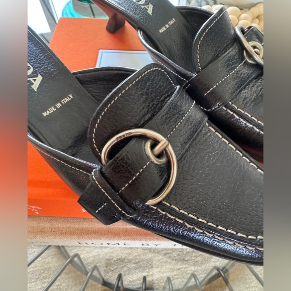 PRADA Black Leather Mules/Kitten Heels. EUC. Like-new! With box. SZ 37.5. - Picture 8 of 11